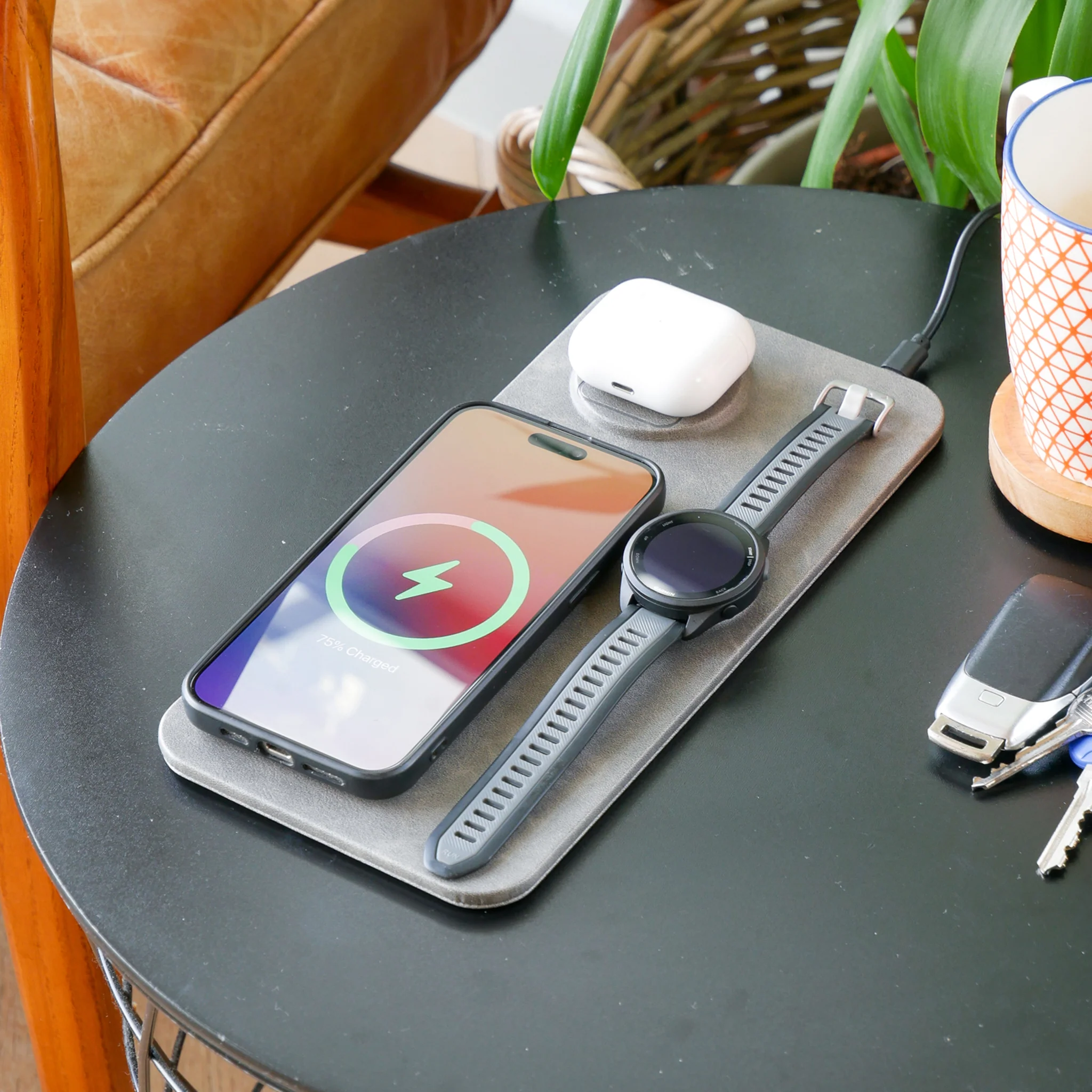 3 in 1 Wireless Charging Pad PU Leather Grey