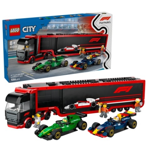 LEGO City F1 truck met RB20 en AMR24 F1 auto's Speelgoed voor 8 jaar en Ouder, Bouwpakket voor Kinderen met Transportvoertuig, 2 racevoertuigen en 5 Minifiguren, Cadeau voor Jongens en Meisjes 60445