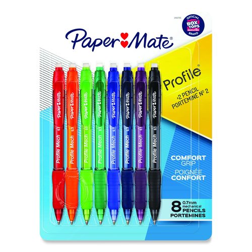Paper Mate Profile Mech Mechanical Pencils, 0.7mm #2 Pencil Lead, Comfort Grip, Assorted Barrel Colors, 8 Count - Office Supplies