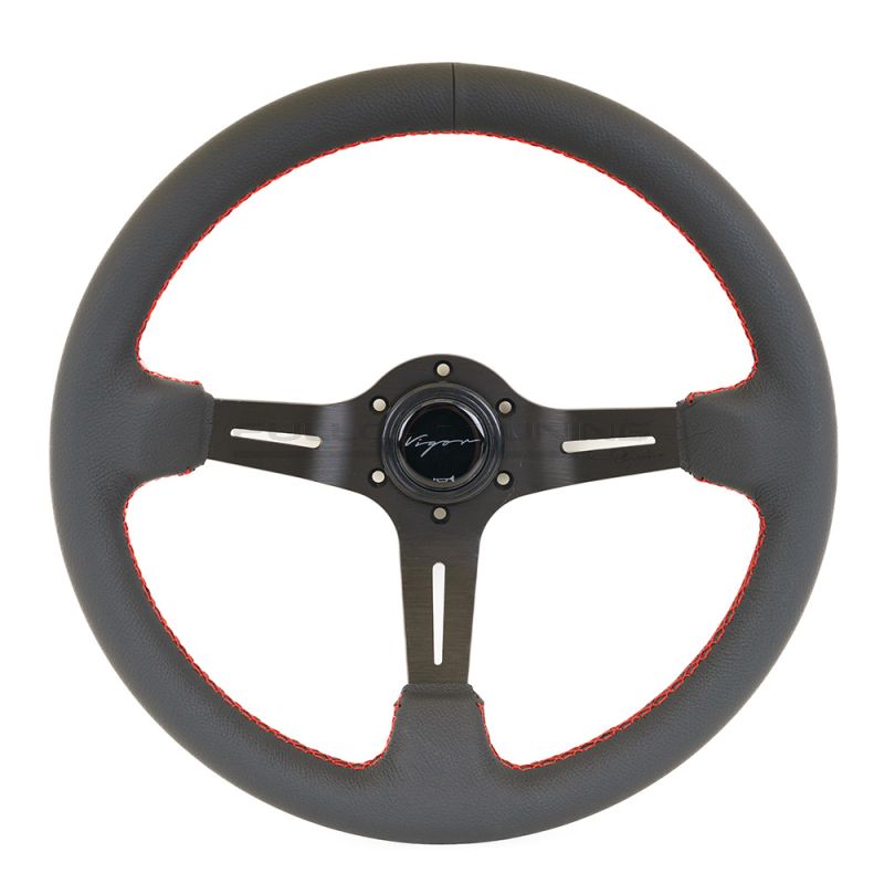 Vigor Daytona stuur 350/70mm leder met rode stiksels