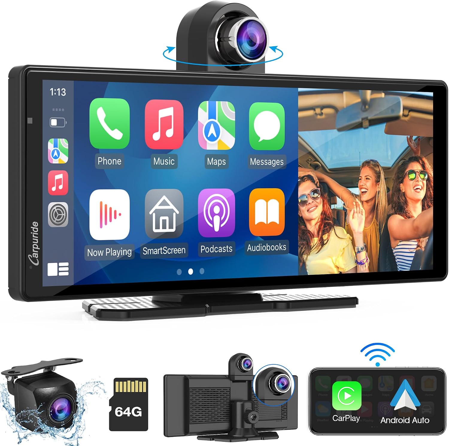 CARPURIDE W903 Portable Smart Multimedia Dashboard Console with Dual Cameras and DVR Function