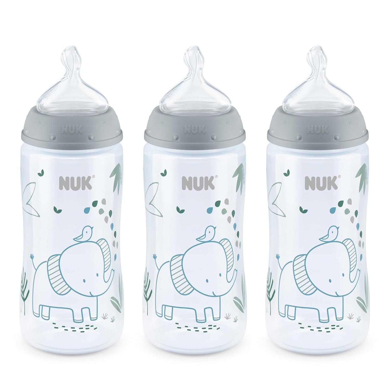 NUK Smooth Flow Anti-Colic Baby Bottles 10oz 3-Pack ELEPHANT Infant 0+ Neutral