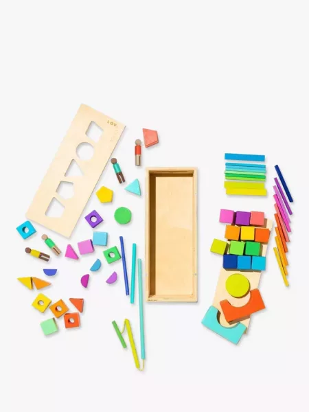 Lovevery The Block Set: 70-Piece Solid Wood Building Blocks And Shapes In 18 Colors, Includes A Wooden Storage Box That Converts Into A Pull Car