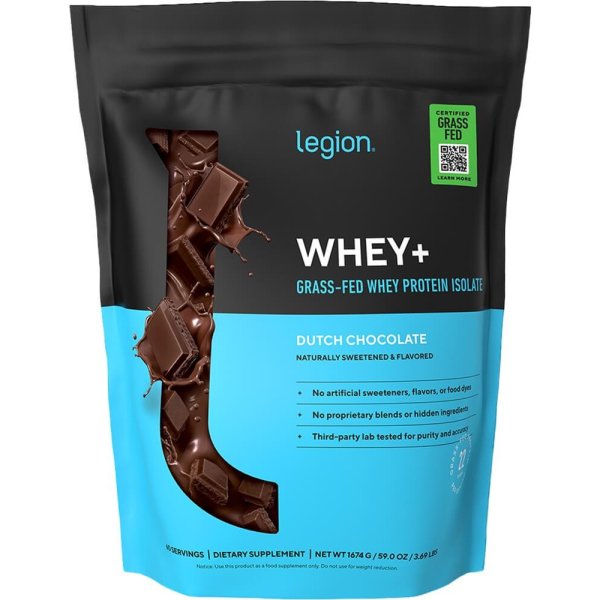 Legion Athletics Whey+ Whey Protein Isolate Powder, Dutch Chocolate, 22g Protein, 60 Servings, Naturally Sweetened, No Added Sugar