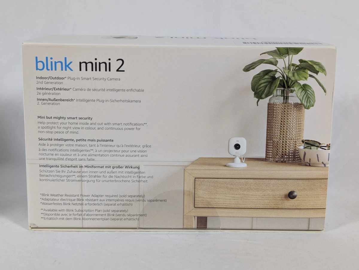 Blink Mini 2 – Plug-in smart security camera, HD night view in colour, built-in spotlight, two-way audio, motion detection, works with Alexa — 2 cameras (White)