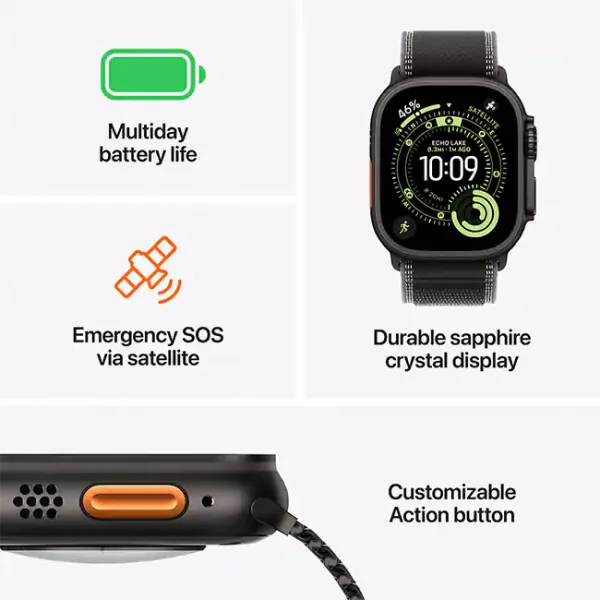 Apple Watch Ultra 3 GPS + Cellular 49mm Black Titanium Case with Black/Charcoal Trail Loop - S/M
