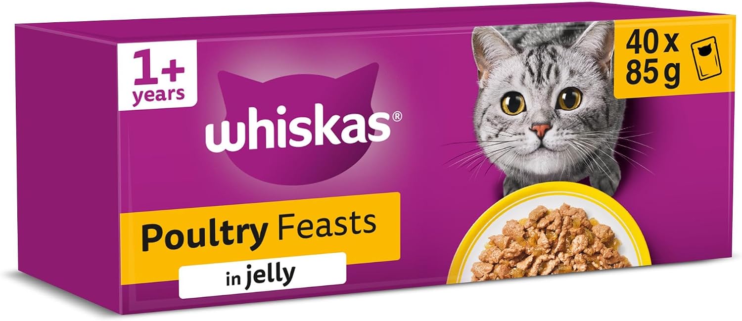 Whiskas Wet 1+ Adult Cat Food Poultry Feasts in Jelly 40 x 85g Pouches