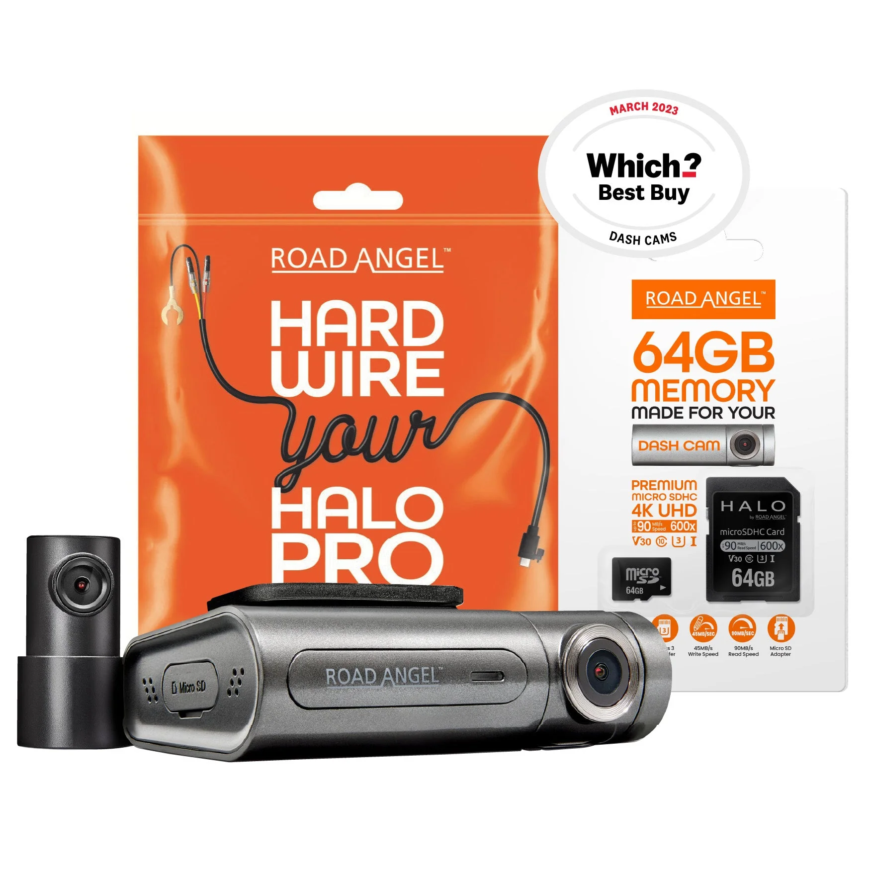 Road Angel Halo Pro 2K Full HD Dual Dash Cam with 64GB SD Card and Hardwire Kit