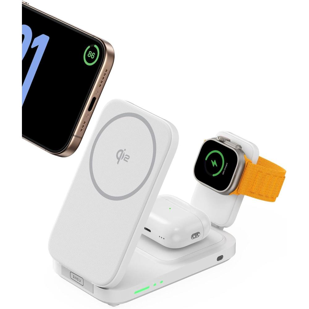 INIU Foldable Magnetic Wireless Charger, Qi2 Certified 3-in-1 Travel Charging Station with 15W Fast Charge - Compatible with Mag-Safe for iPhone 17/16/15 Series, Apple Watch, AirPods (White)
