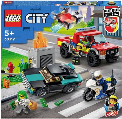 LEGO® City Brandweer & Politie achtervolging 60319 bouwset voor kinderen vanaf 5 jaar; een brandweerpick-up met een drone, politiemotor, boevenvoertuig, verkeerslicht en vlammen, plus 3 minifiguren (295 onderdelen)