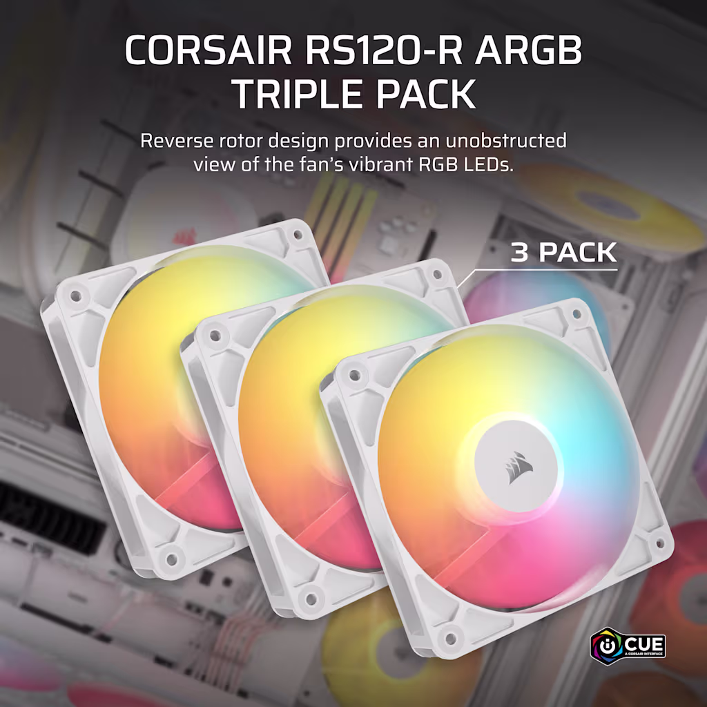 Corsair RS120-R ARGB 120mm PWM ARGB Reverse Fans – Reverse Rotor, +5V ARGB Connections, Eight RGB LEDs, High Static Pressure, Daisy-Chain, Magnetic Dome Bearing, Zero RPM Mode – Triple Pack – White
