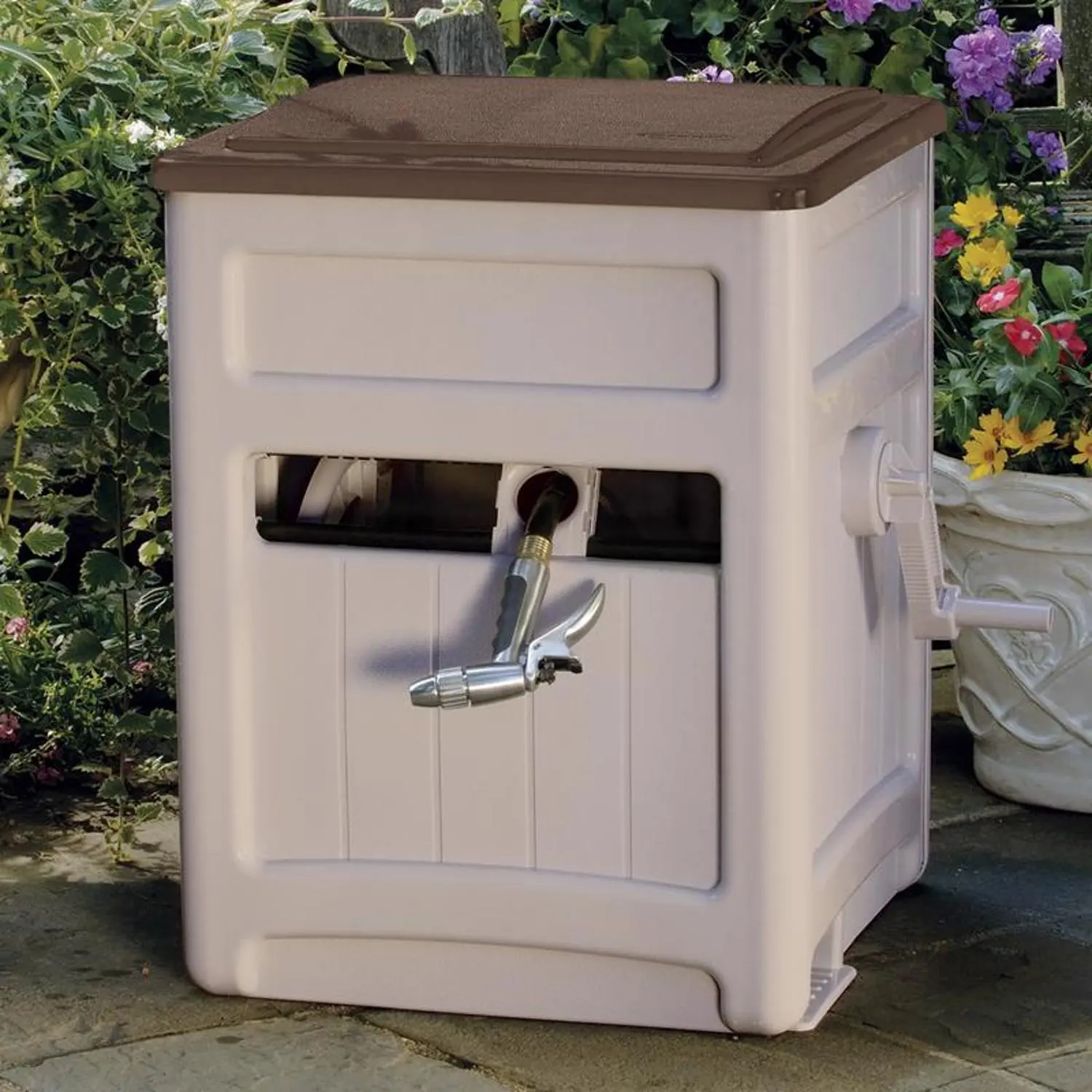 21 in L x 26 in W x 27 1/2 in H Hose Hideaway Reel for 225 ft L x 5/8 in I.D., Resin, Taupe