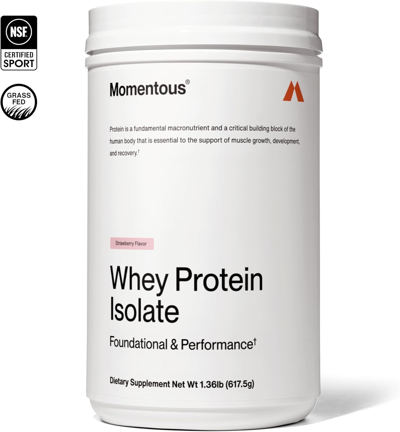 Momentous Essential Grass-Fed Whey Protein Isolate – 20 g Protein, NSF Certified For Sport, Gluten-Free, Strawberry, 25 Servings