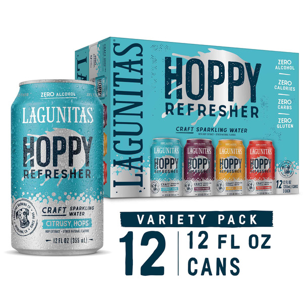 Lagunitas Hop Refresher Variety (Pack of 12) 12oz Cans Sparkling Hop Water Zero Alcohol Gluten Free Zero Cals & Carbs (Includes 4 of Each Flavor: Blood Orange, Hop Water, & Berry Lemon)