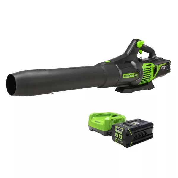 Greenworks 80 V Battery Powered Leaf Blower Kit, 730 cfm, 170 mph, Battery Included, 65 dBA