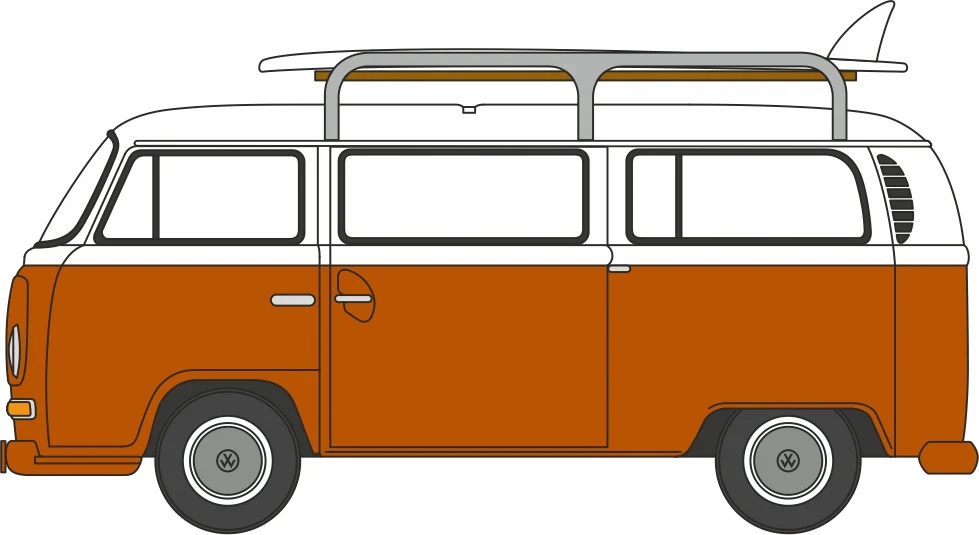 Oxford Diecast VW T2 Bay Window Bus/surfboards Signal Orange/White 1:148