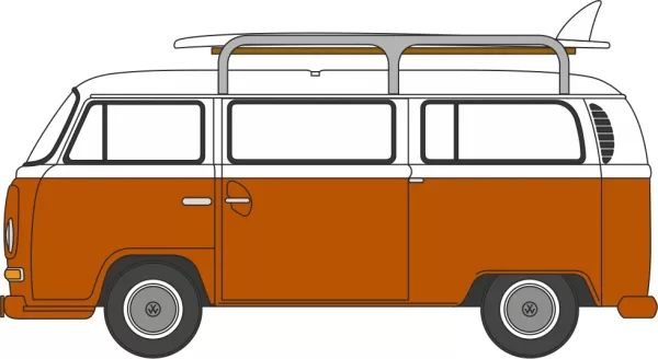 Oxford Diecast VW T2 Bay Window Bus/surfboards Signal Orange/White 1:148