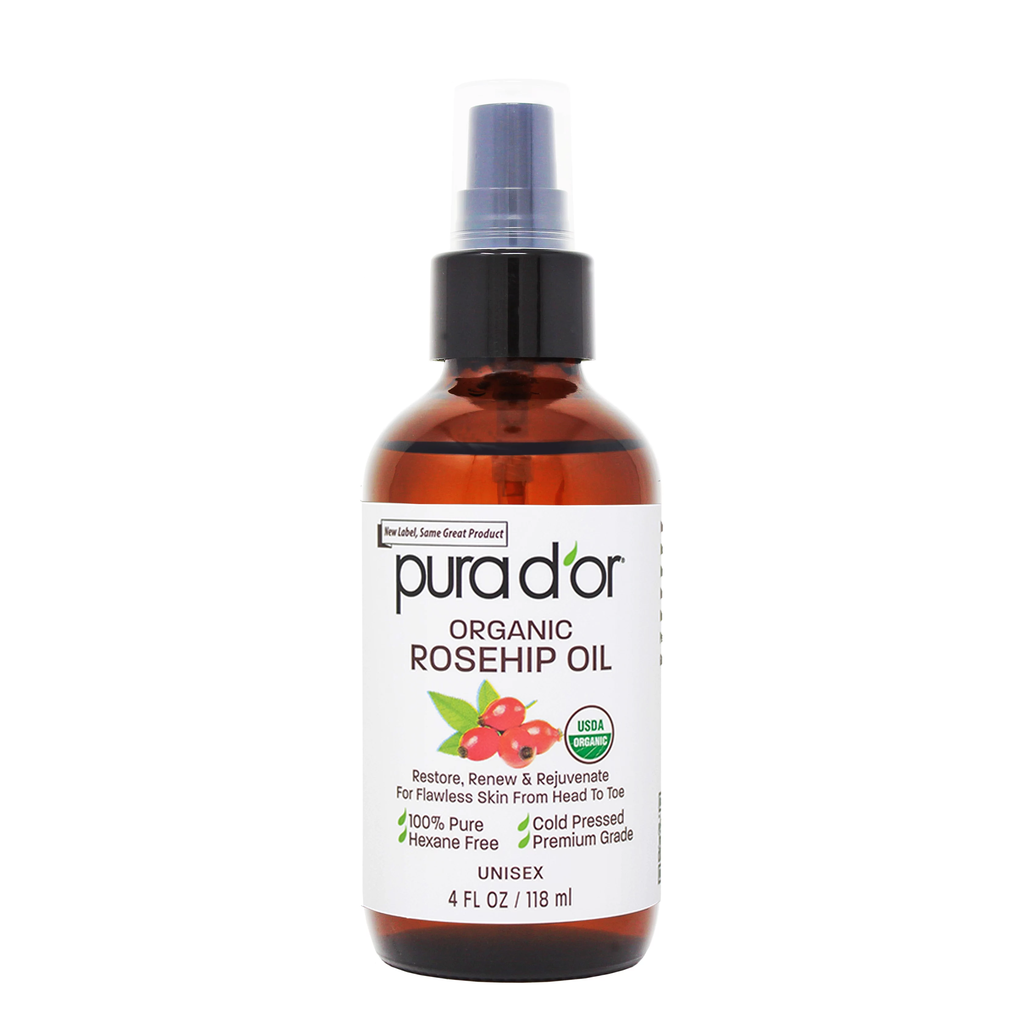 PURA D'OR USDA ORGANIC Rosehip Seed Oil Pure Cold-Pressed for Face, 4oz Glow-Focused Hydration, Ayurvedic Hair Care, Uneven Tone, Dry Skin, Body Care, Cuticles, Hair Ends, Hexane-Free