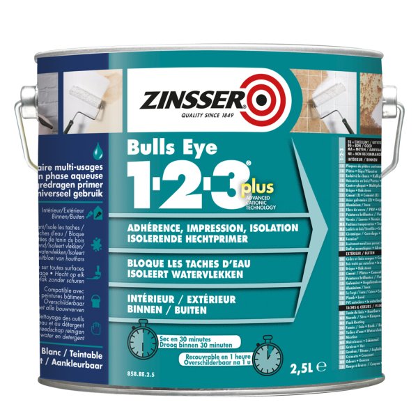 Zinsser – Bulls Eye 1-2-3 Plus – 1 liter + gratis kwaliteitskwast!