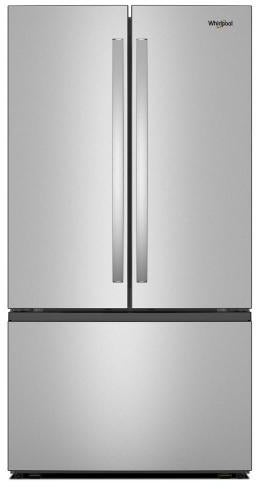 Whirlpool WRFF3336SZ 36 Inch Freestanding French Door Refrigerator with 31 cu. ft. Capacity, 4 Glass Shelves, Gallon Door Bins, Total Coverage Cooling, Internal Water Dispenser, Ice Maker, ADA Compliant, and ENERGY STAR®: Stainless Steel