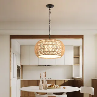 Boho Farmhouse Pendant Light, Adjustable Height, Woven Jute Rope, E26 Base, 60W Max (Bulb Not Included)