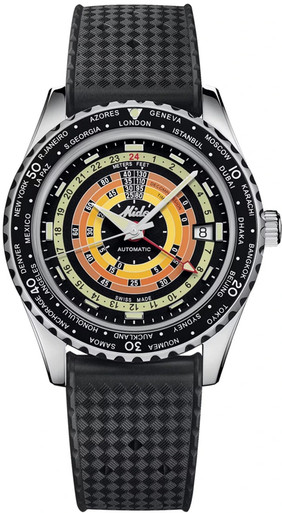 Mido Unisex Swiss Automatic Ocean Star Decompression Worldtimer Black Rubber Strap Watch 41mm