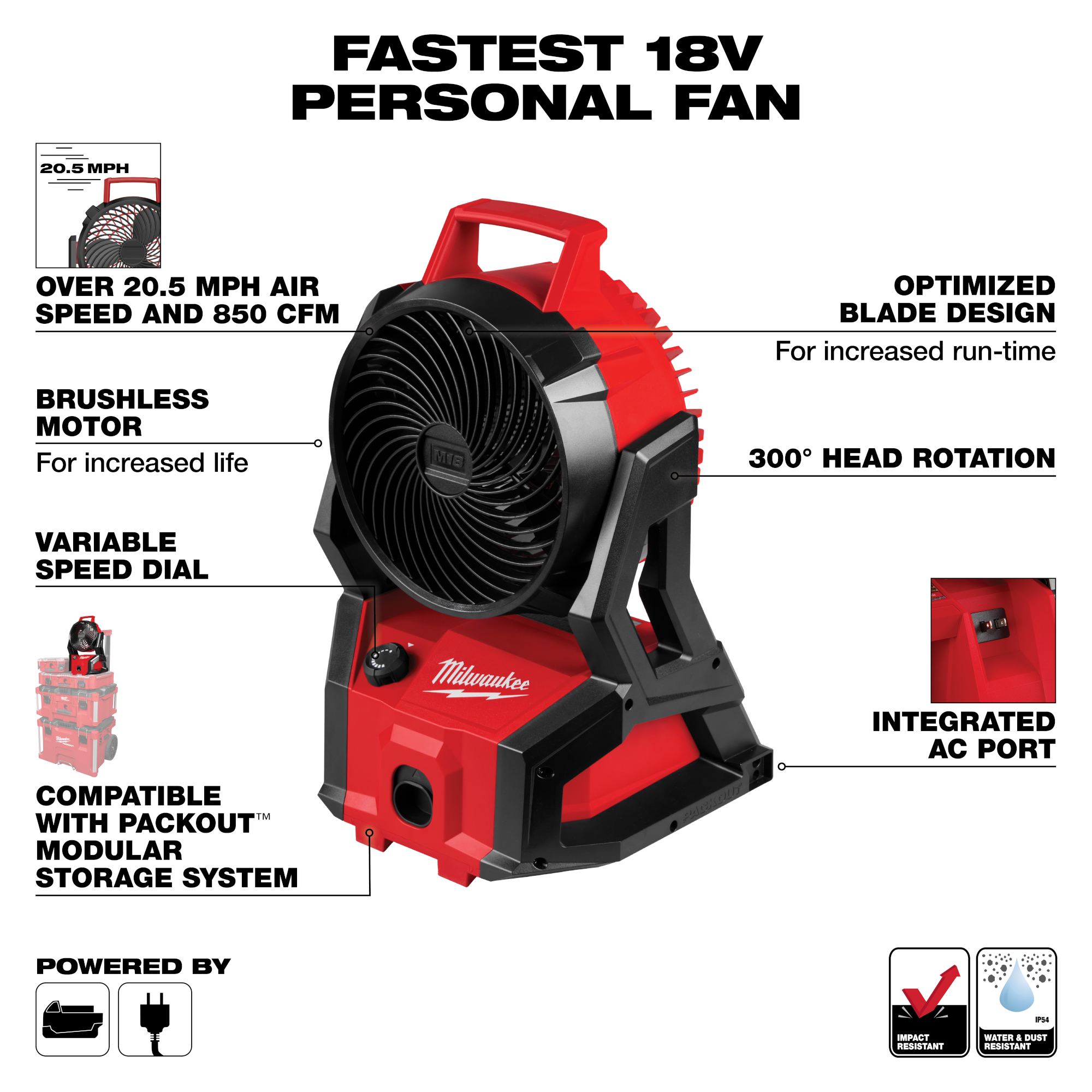 M18 Brushless Jobsite Fan, Packout Compatible, 7 in Blade Dia, Variable Speeds, 850 cfm, Bare Tool