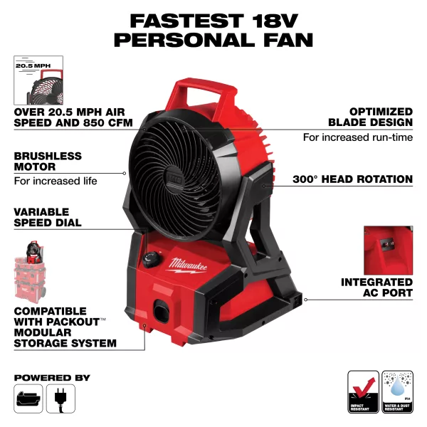 M18 Brushless Jobsite Fan, Packout Compatible, 7 in Blade Dia, Variable Speeds, 850 cfm, Bare Tool