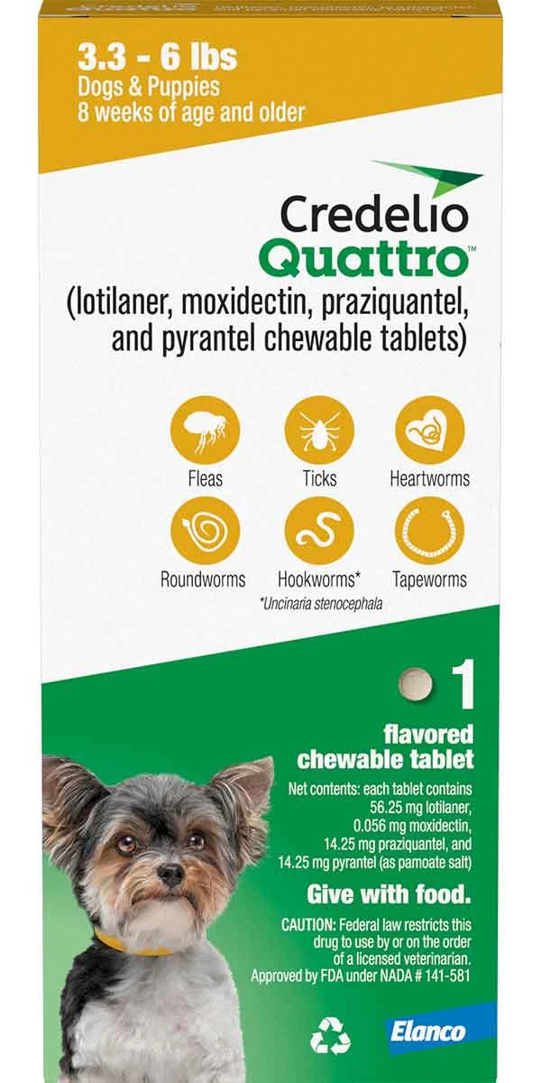 Credelio Quattro/ Credelio Quattro-CA1 Chewable Tablets for Dogs, 50.1-100 lbs, 1 or 6 Month Supply