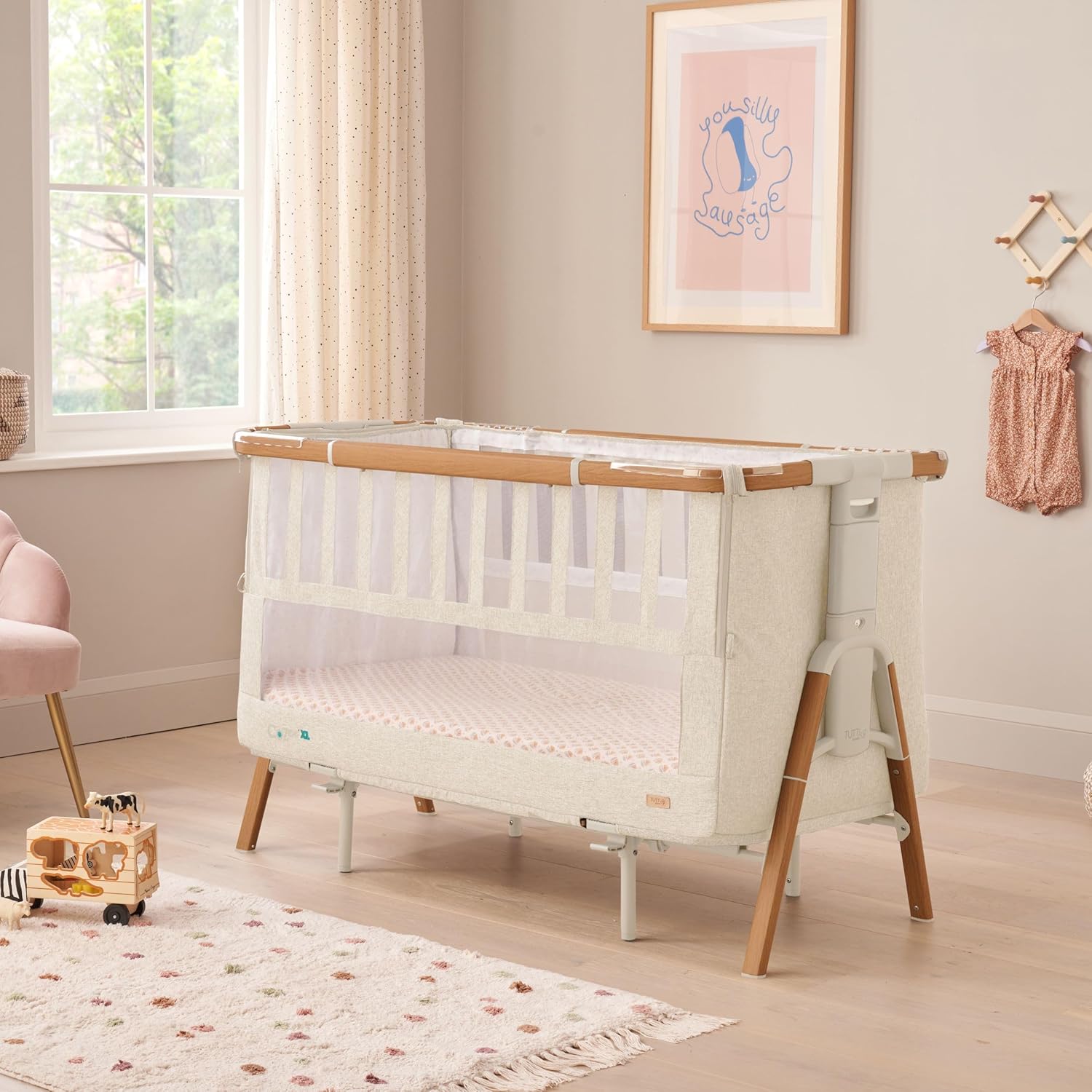 CoZee XL Bedside Crib & Cot - Scandinavian Walnut/Ecru