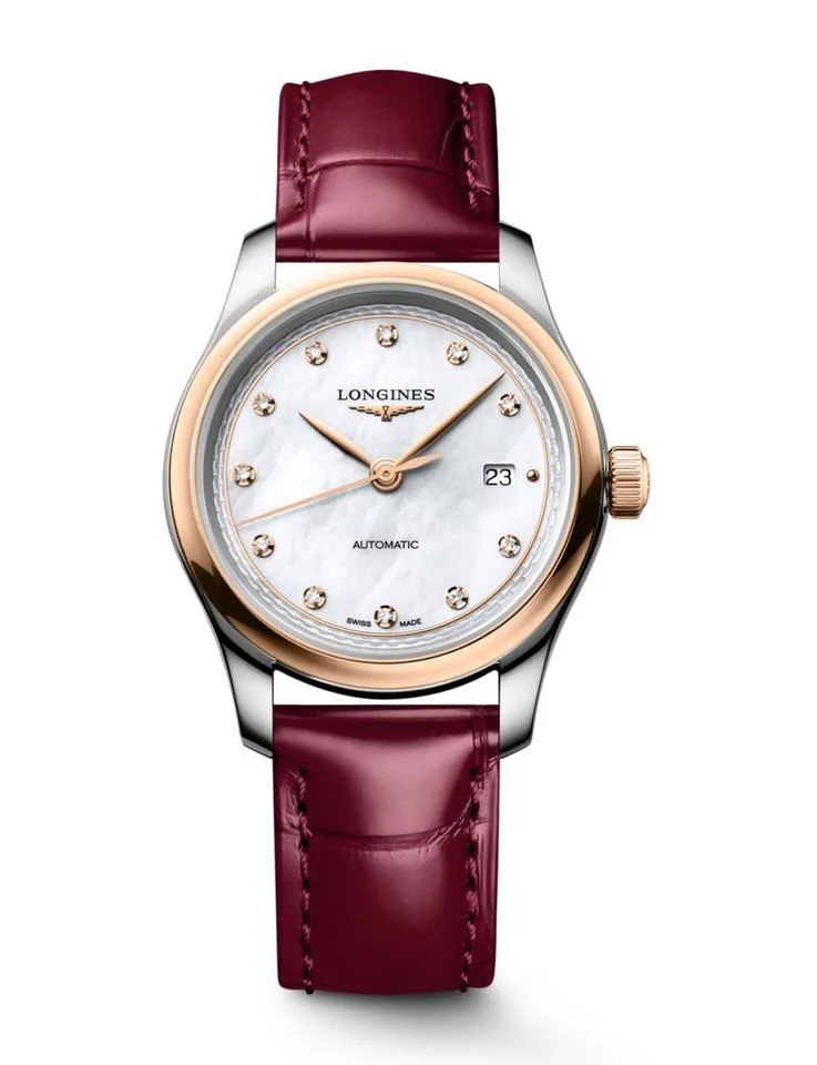 LONGINES Master Collection Automatic Diamonds (30mm) White Mother-of-Pearl Dial / Bordeaux Leather Strap