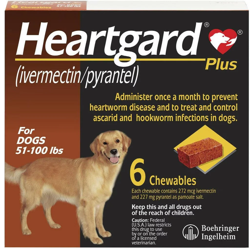 Heartgard Plus Chew for Dogs, 51-100 lbs, (Brown Box), 6 Chews (6-mos. supply)