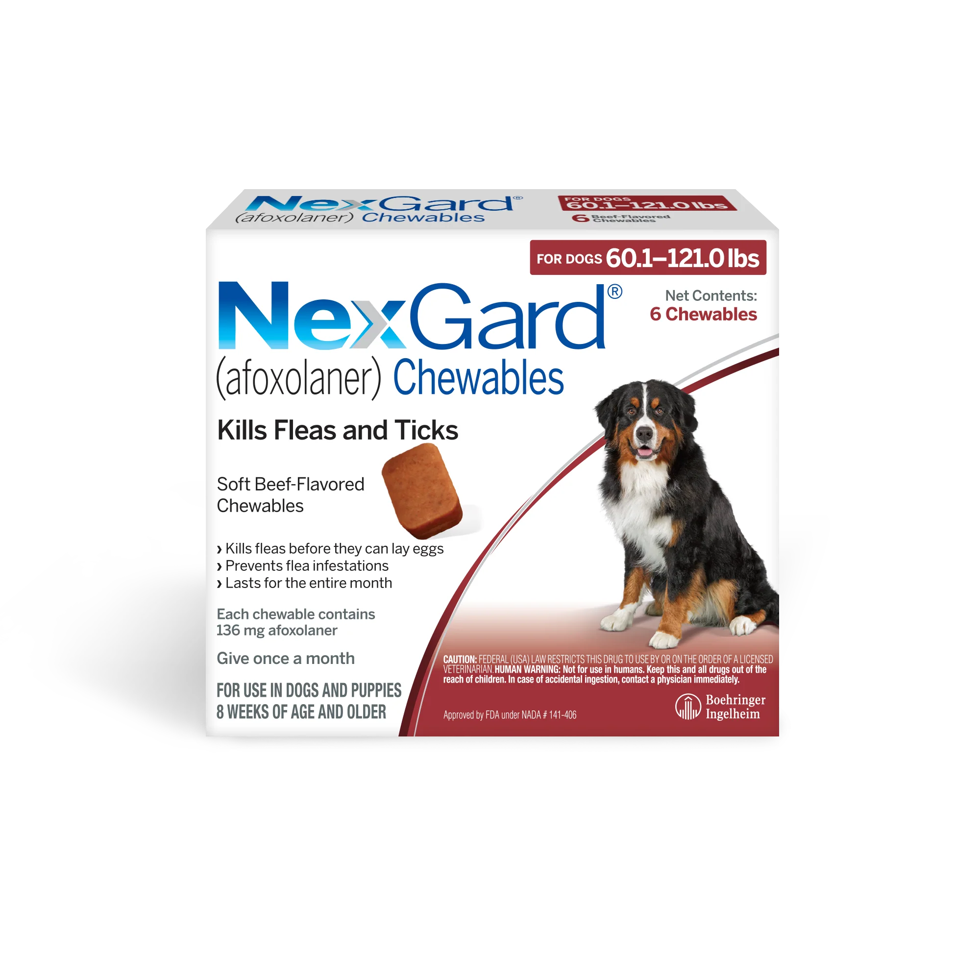 NexGard Chewables for Dogs, 60.1-121 lbs, (Red Box), 6 Chewable Tablets (6-mos. supply)