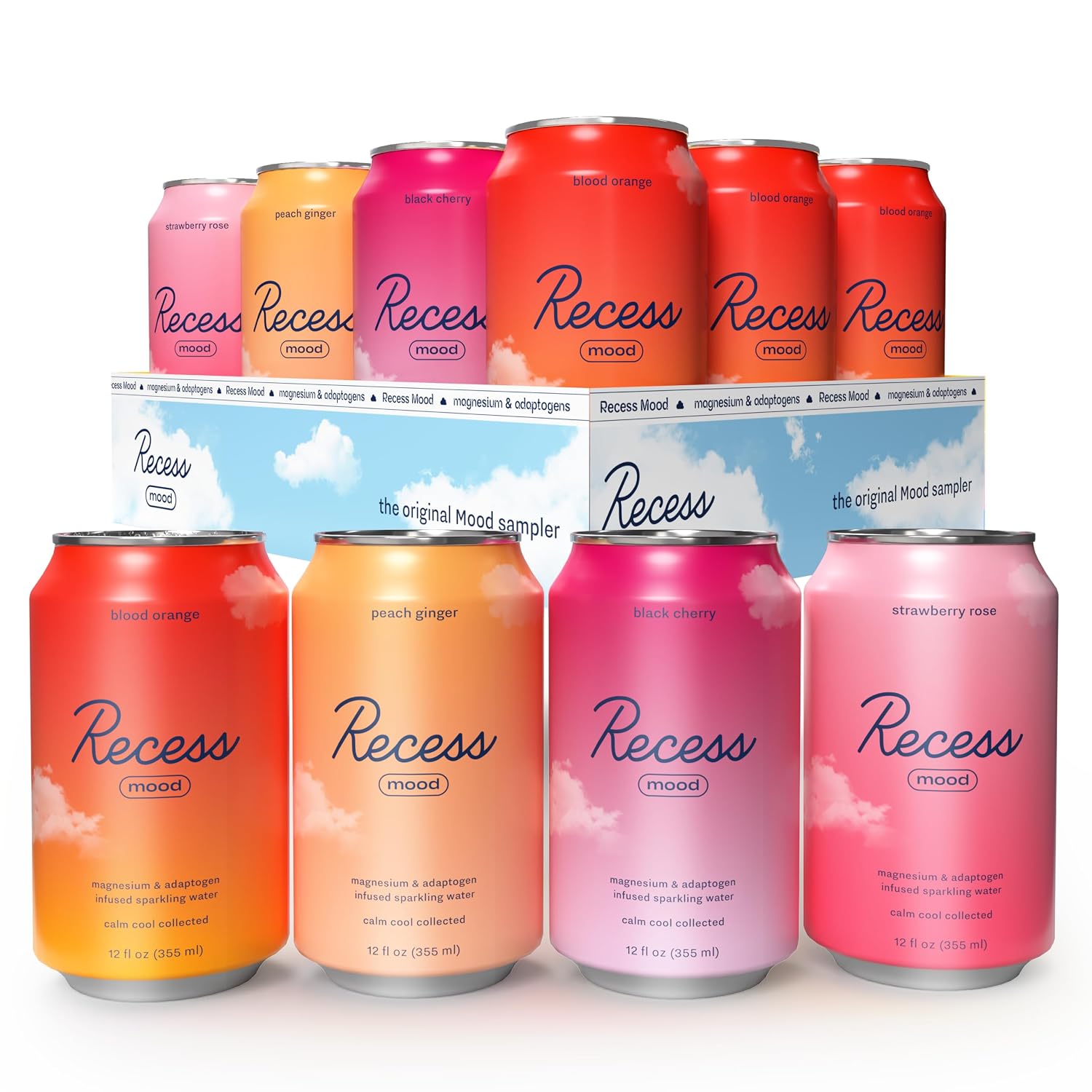 Recess Mood Magnesium Supplement Drink — Calming Sparkling Water Variety Pack (12 Pack, Original Flavors)