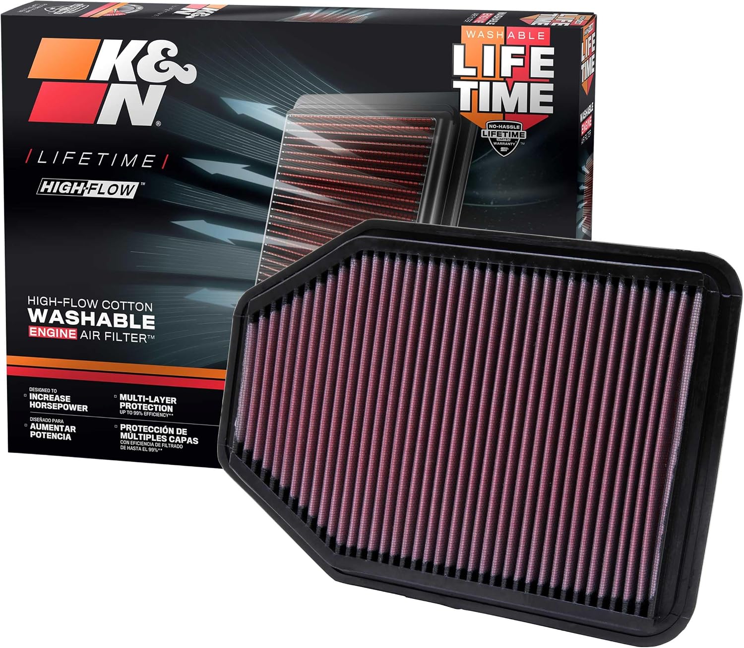 K&N Engine Air Filter: Washable & Reusable, Engineered to Increase Air Flow and Performance