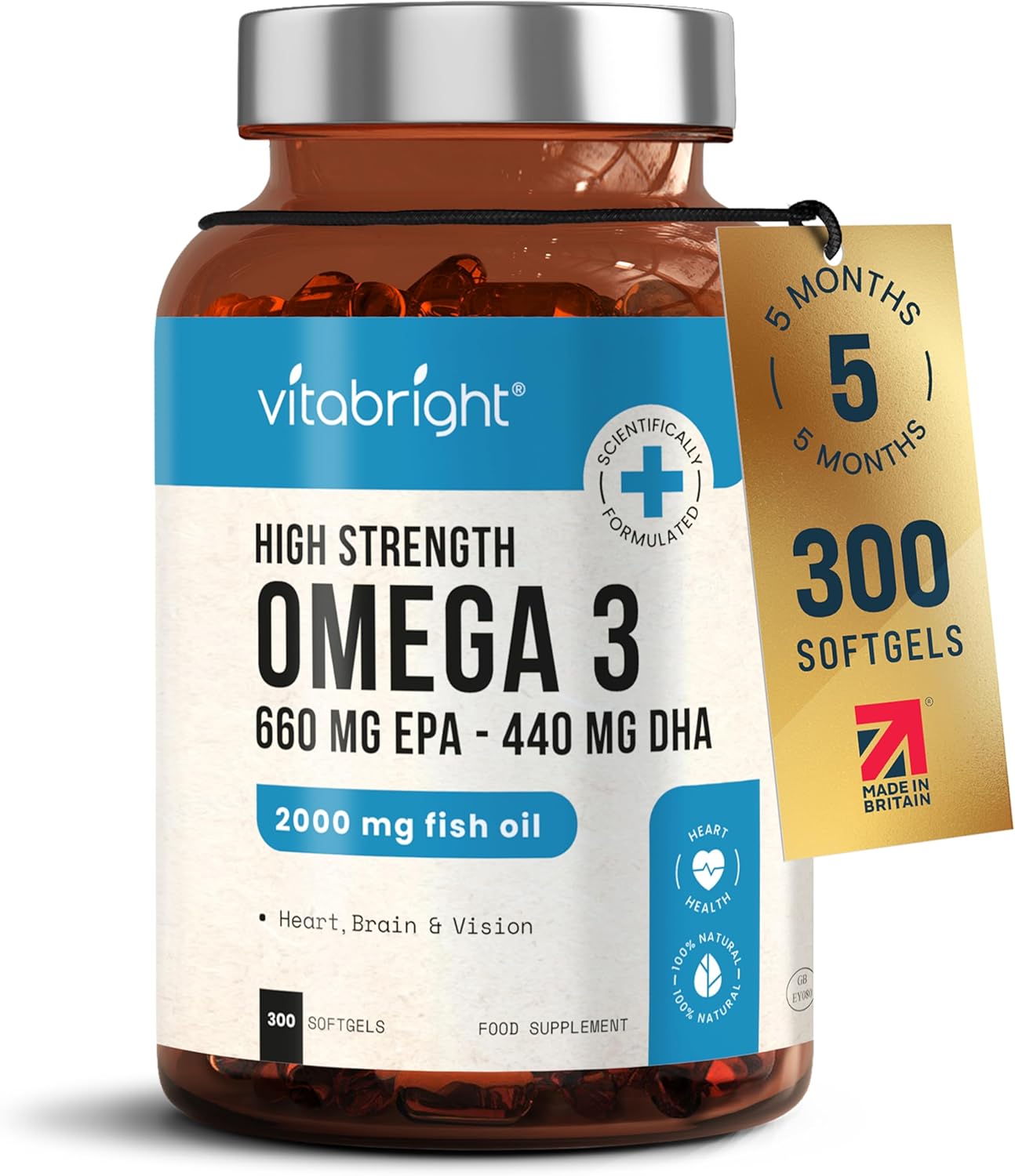 VitaBright Omega 3 Fish Oil Softgels - 660 EPA & 440 DHA per Serving - 300 Softgels